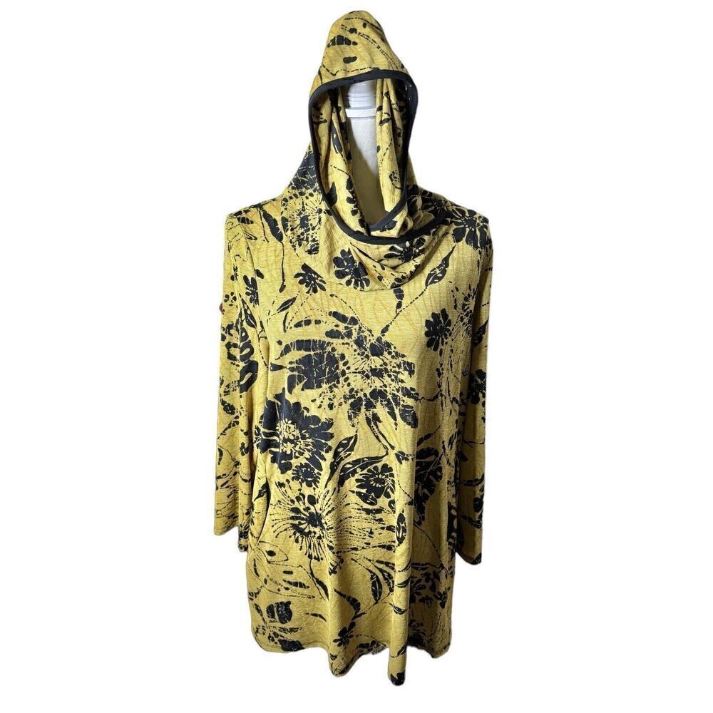 I.C. By Connie K Long Sleeve Shirt Blouse Stretchy Hooded Print Art to Wear XL